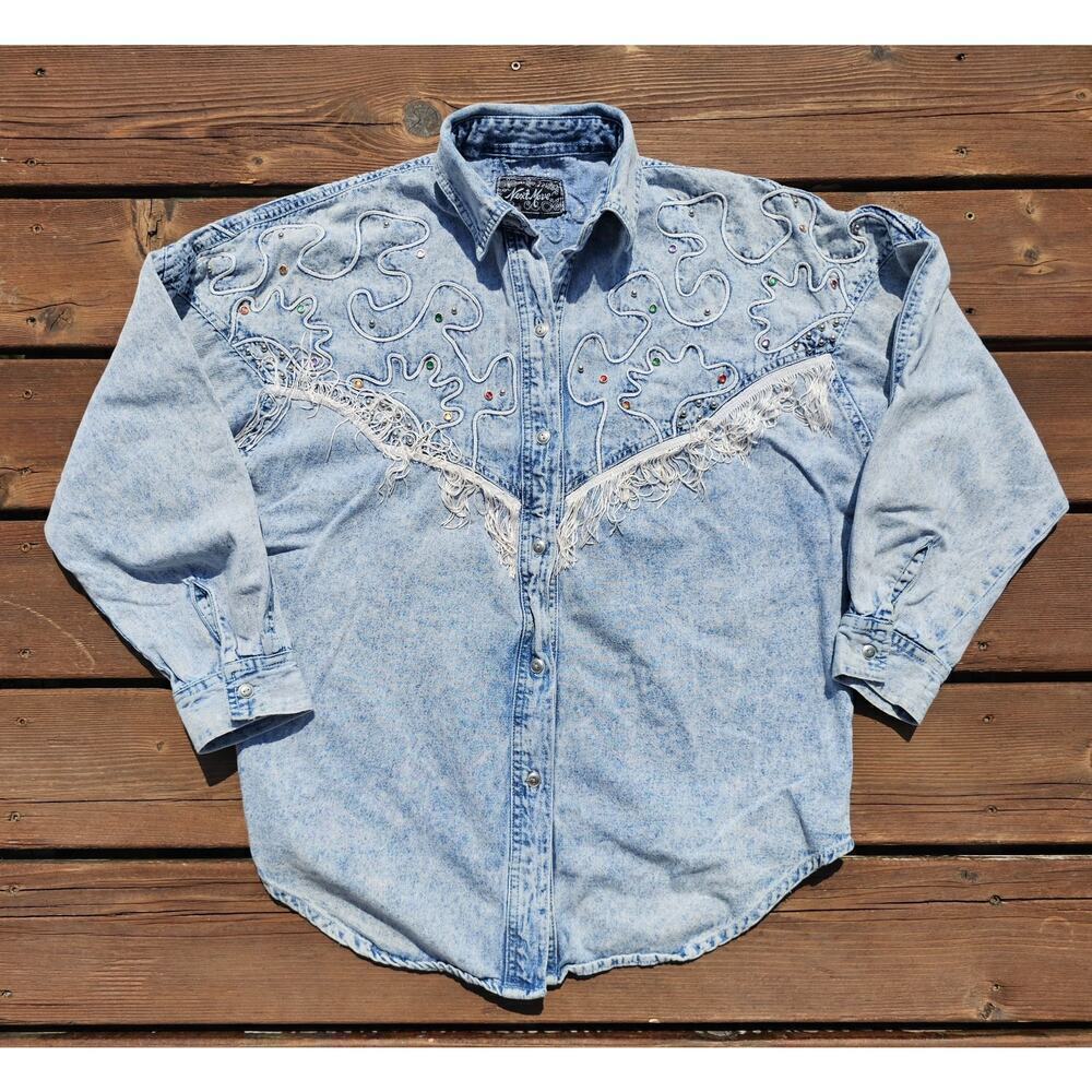 Vintage Next Move Denim Fringe Embellished Beaded Cowgirl Rodeo Shirt Womens